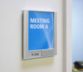 Conference Room Signs with sliding availability tab. Stylish satin silver frame with custom insert area for your own message, and a replaceable or changeable sign insert.
