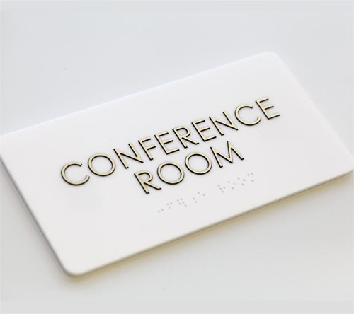 White ADA signs with Gold text, stylish ADA braille office signs