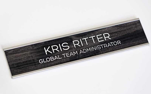 Name plate signs with wood colors and wooden textures. Fargo, North Dakota.